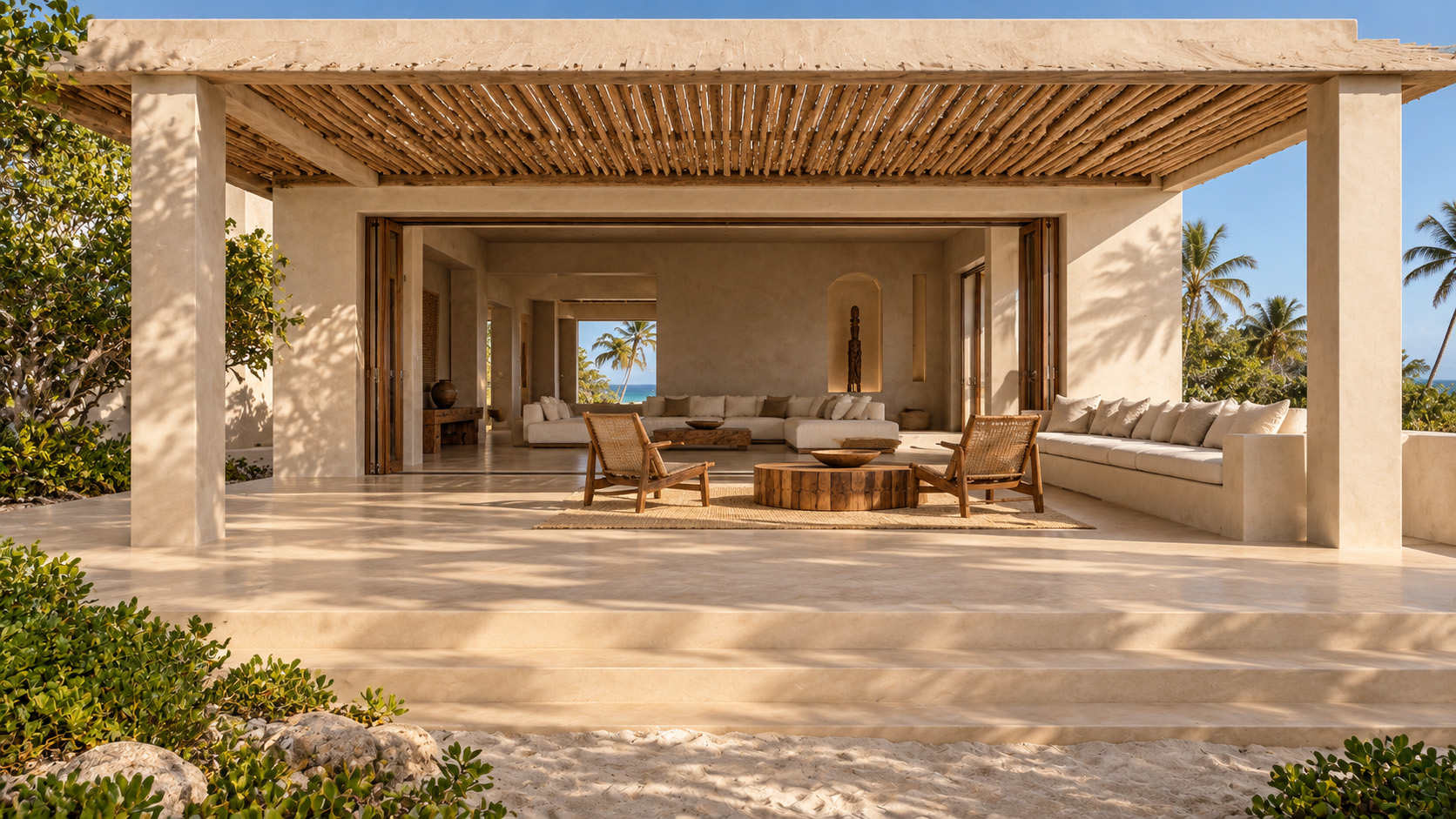 The shaded terrace and its warm mineral palette