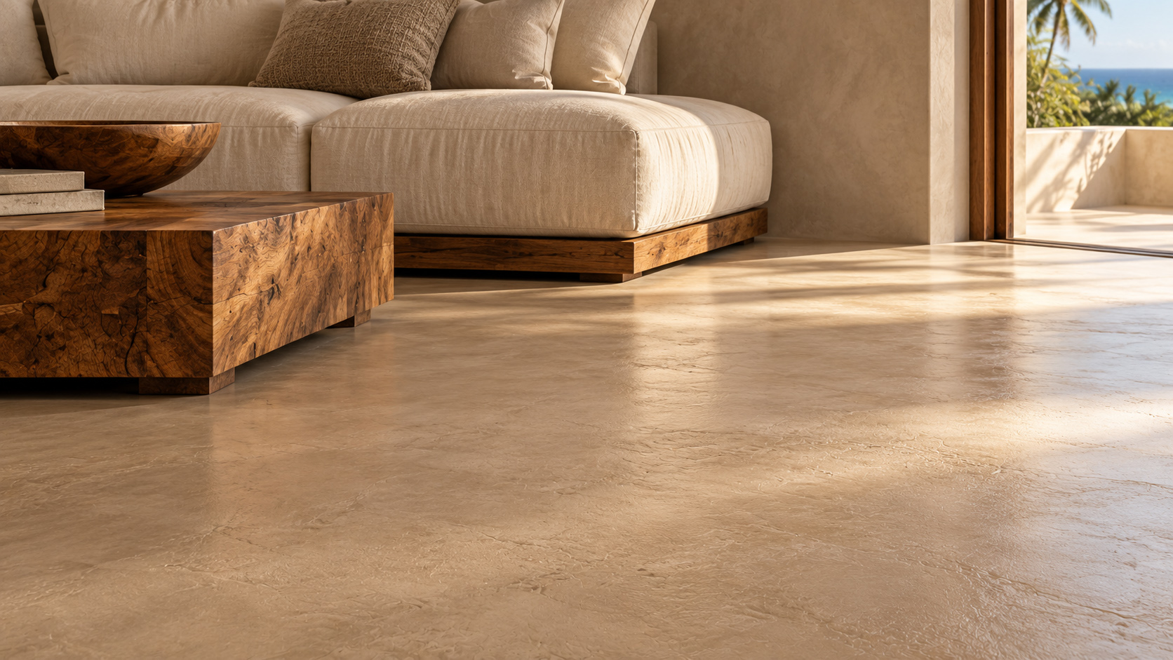 Microcement texture beside linen and timber