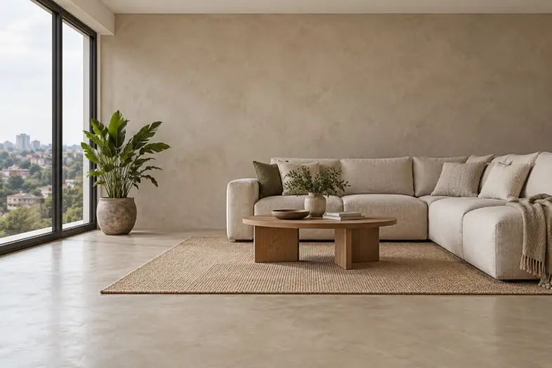 Warm mineral finishes in a light-filled living space