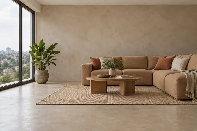 Microcement living room — warm furniture palette