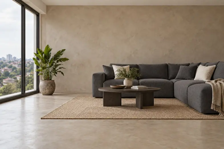 Microcement living room — dark furniture palette